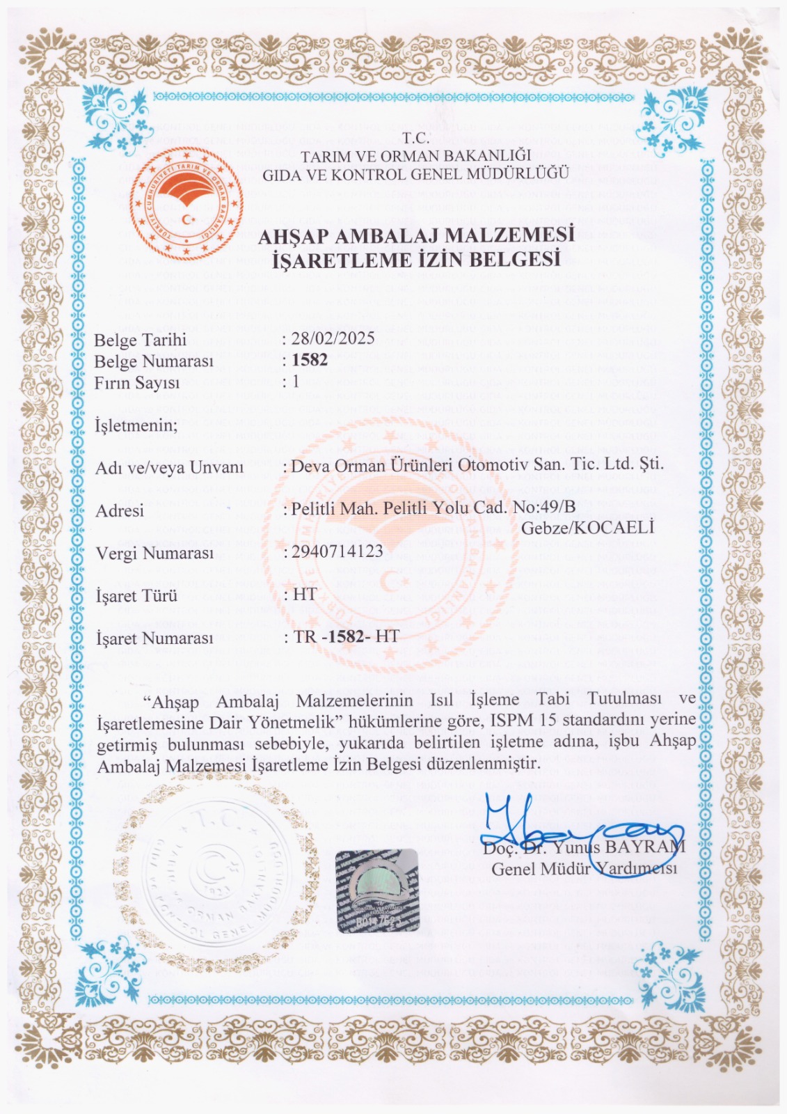 Ahşap Ambalaj Malzemesi İşaretleme İzin Belgesi