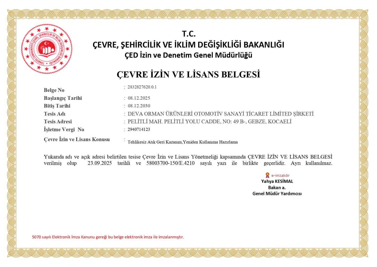Çevre İzin ve Lisans Belgesi